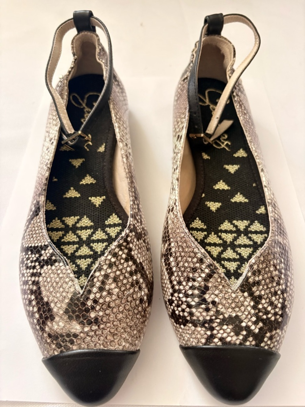 Seecaas Snake-Print Mary Jane Toe Ankle Strap Flats - Black/Beige - Size 7